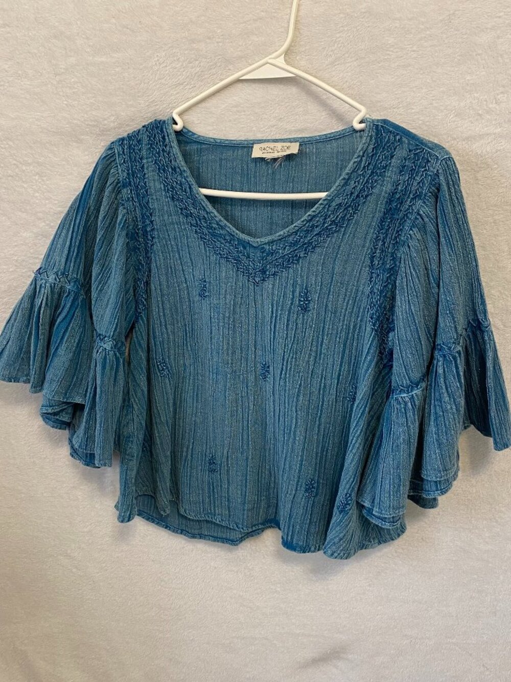 Rachel Zoe Blue Boho Peasant Bell Sleeve Blouse Women's Size Small